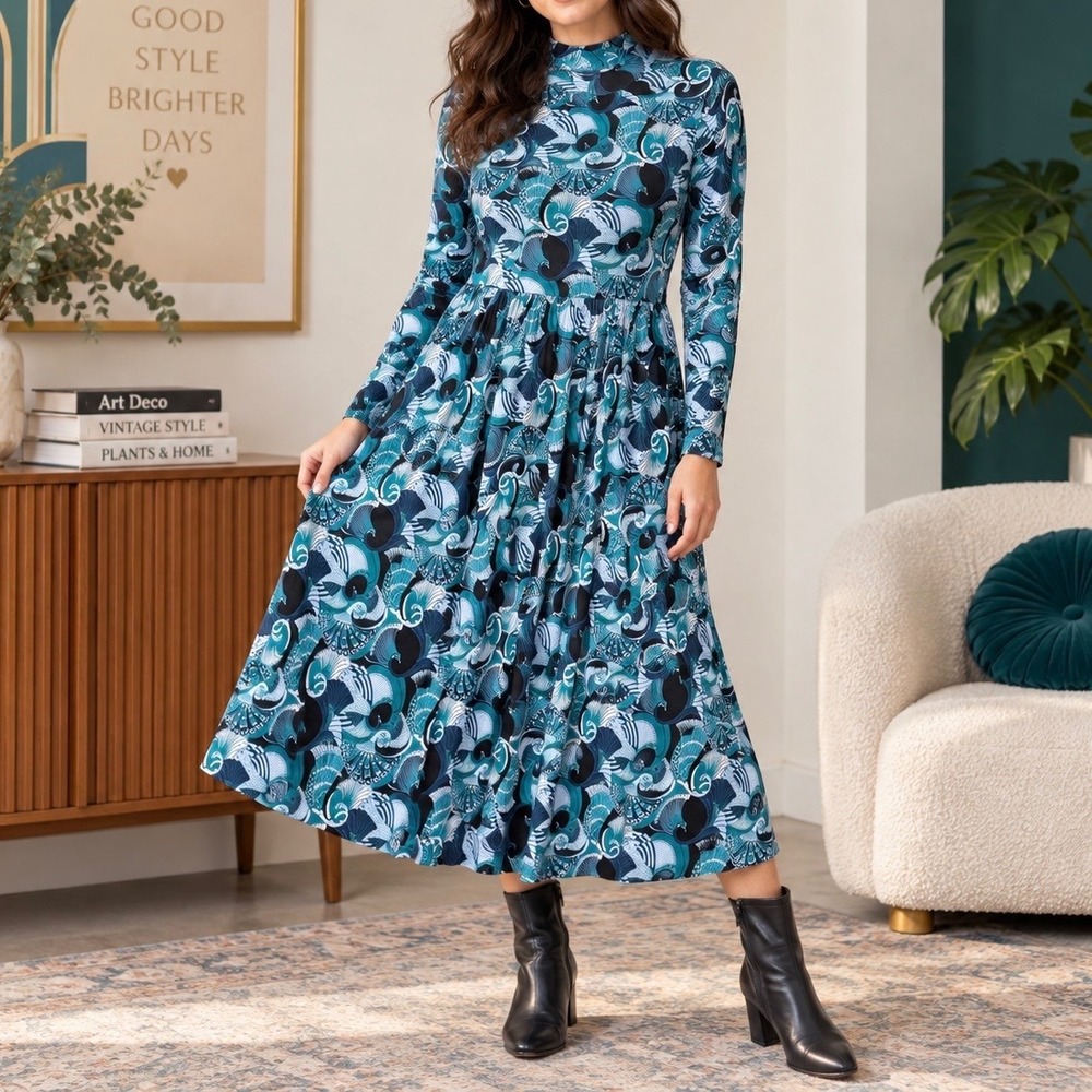 ModCloth Midi Dress Size Large NWT Green Peacock Stretchy Long Sleeve Fall Retro